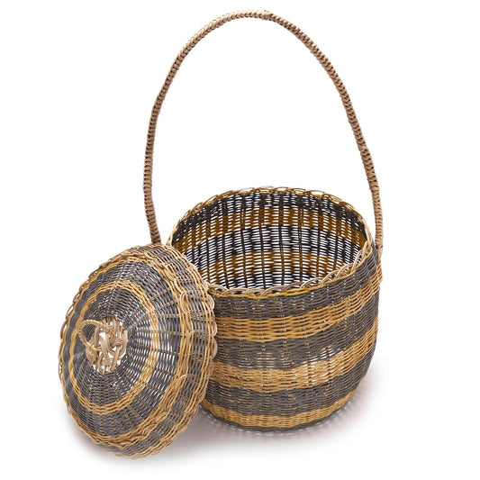 Woven basket with a lid on a white background