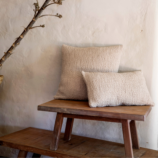 Intiearth luxuriously soft organic handspun cotton lumbar pillow in earthy beige, perfect for adding a natural touch to any sofa or bed.