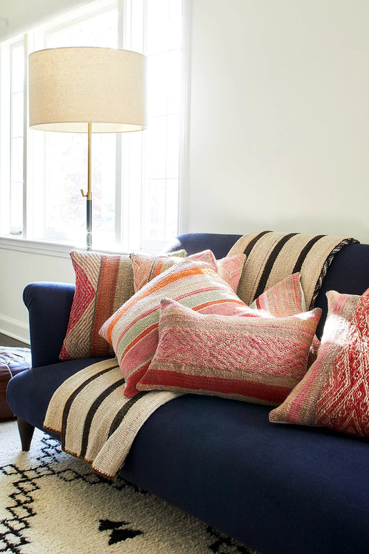 Intiearth Colorful decorative pillow made from handwoven Peruvian frazada, crafted with hand spun wool in a fair trade workshop