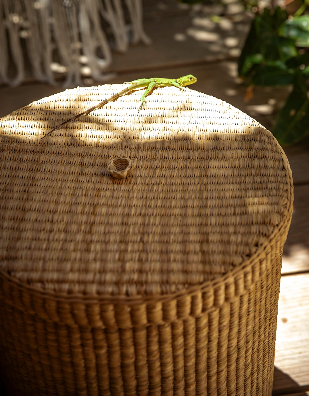 Intiearth Las Pocitas handwoven lidded basket in neutral tones, perfect for use as a laundry basket or stylish storage bin. Adds elegance and versatility to home organization.
