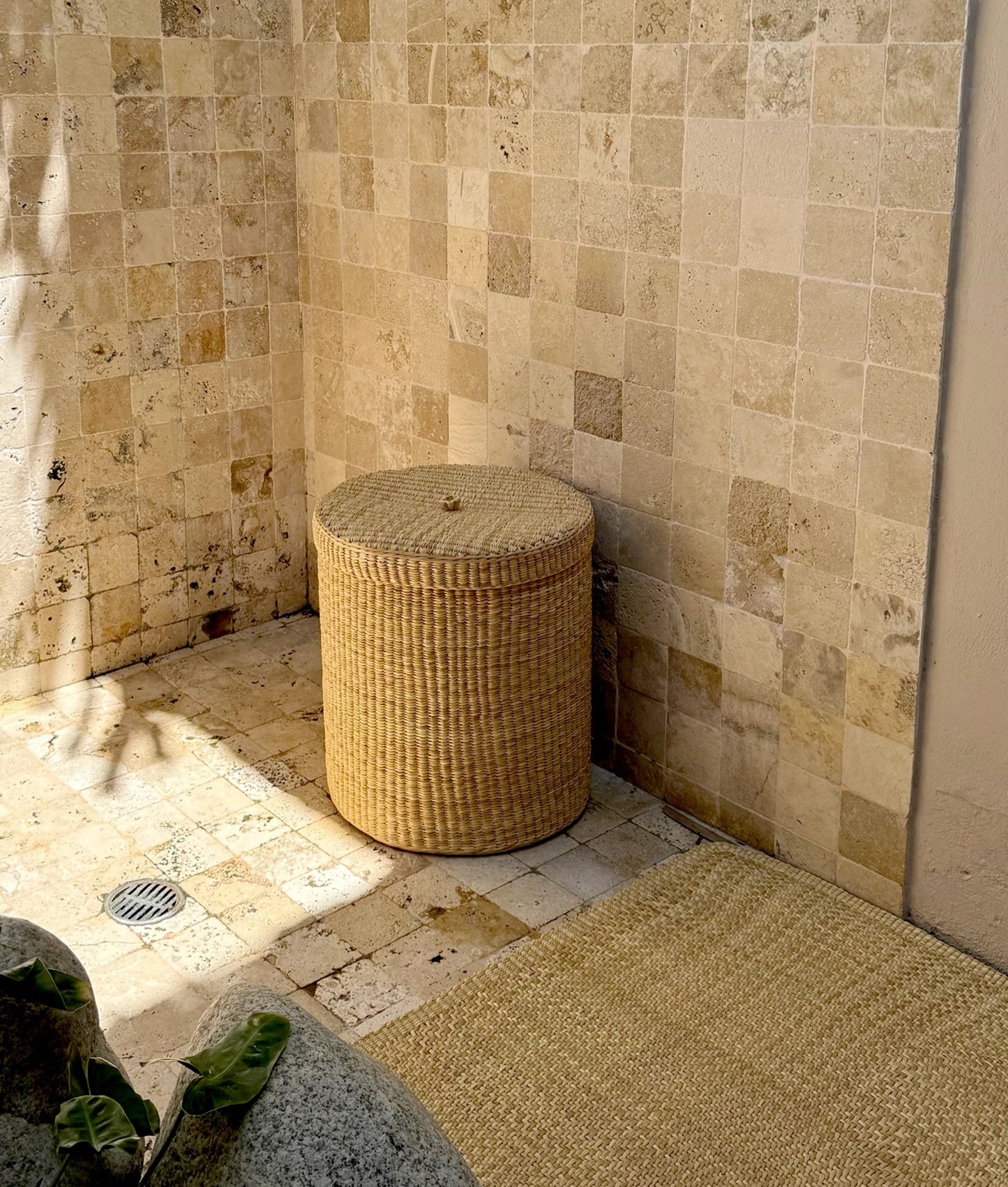 Intiearth Las Pocitas handwoven lidded basket in neutral tones, perfect for use as a laundry basket or stylish storage bin. Adds elegance and versatility to home organization.