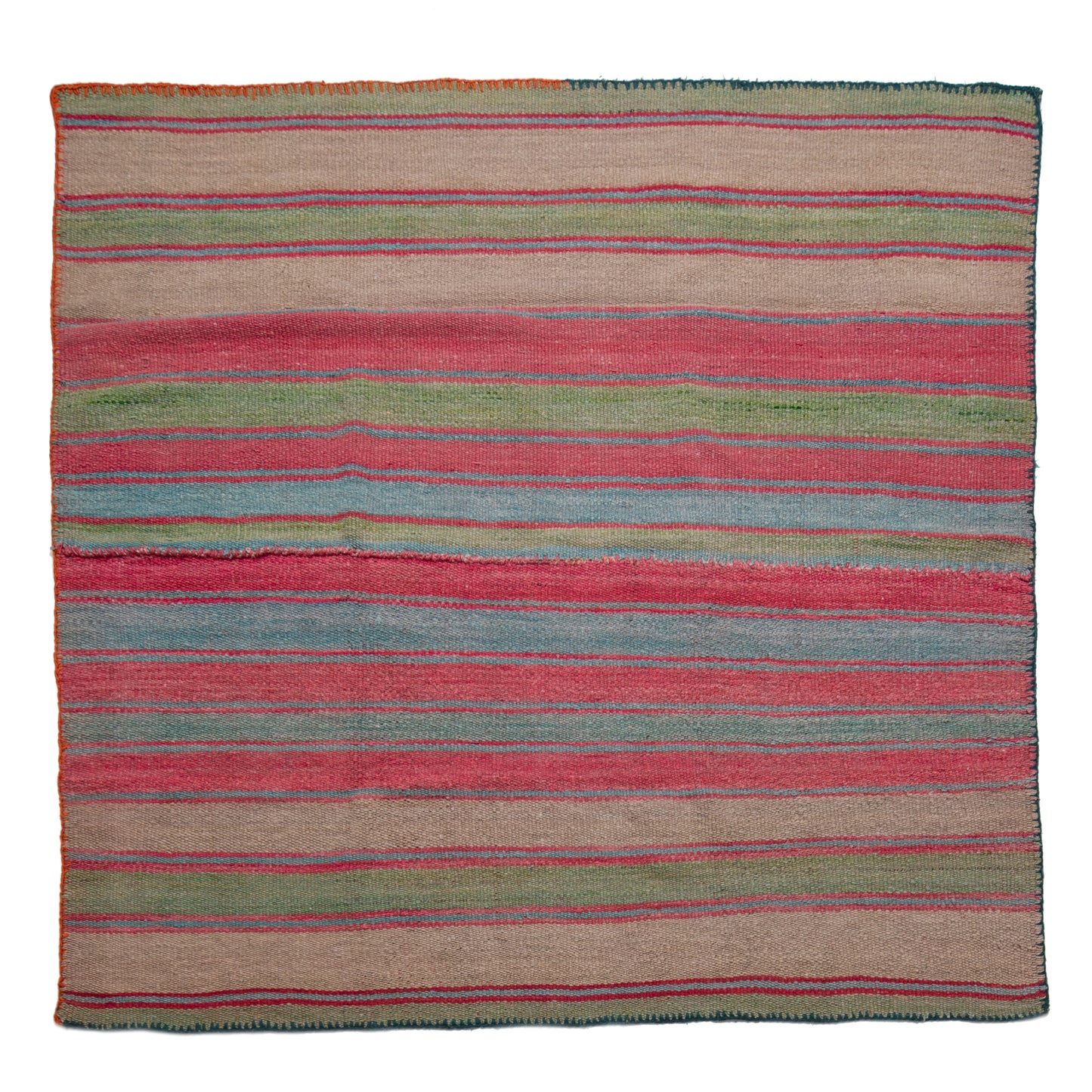 Striped rug with red, green, and blue horizontal lines on a white background