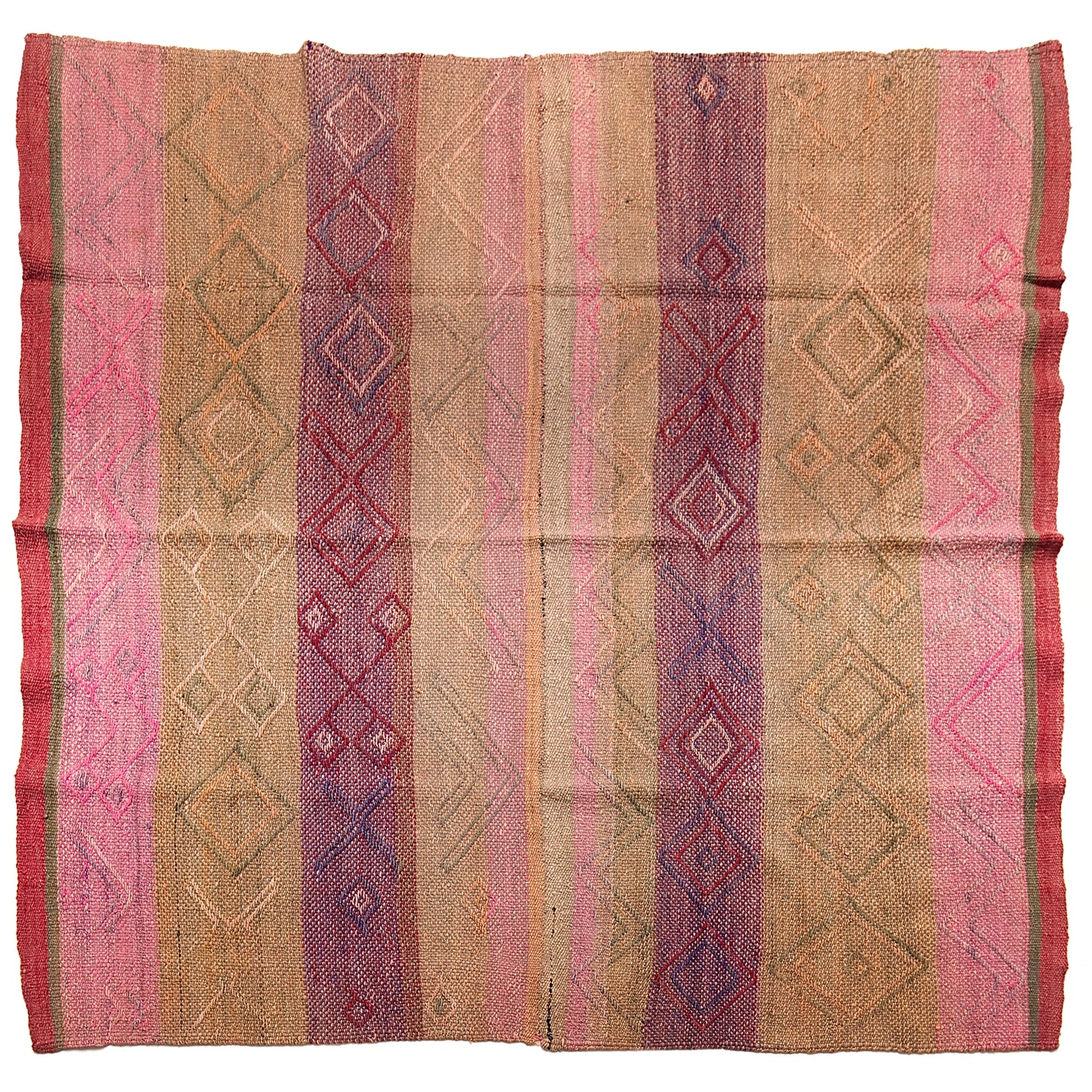 Intiearth vintage Peruvian Frazada textile with colorful geometric patterns and stripes. Traditional handwoven multipurpose textile from Peru, ideal for home décor, can be used as a blanket, rug, throw, or wall hanging. Made of handspun wool and crafted on a backstrap loom.