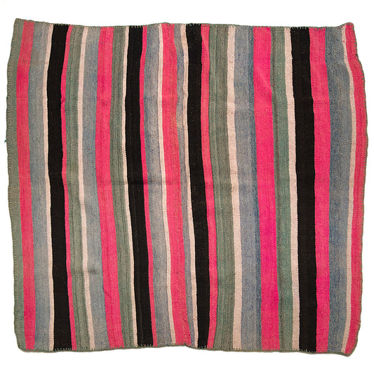 Intiearth vintage Peruvian Frazada textile with colorful geometric patterns and stripes. Traditional handwoven multipurpose textile from Peru, ideal for home décor, can be used as a blanket, rug, throw, or wall hanging. Made of handspun wool and crafted on a backstrap loom.