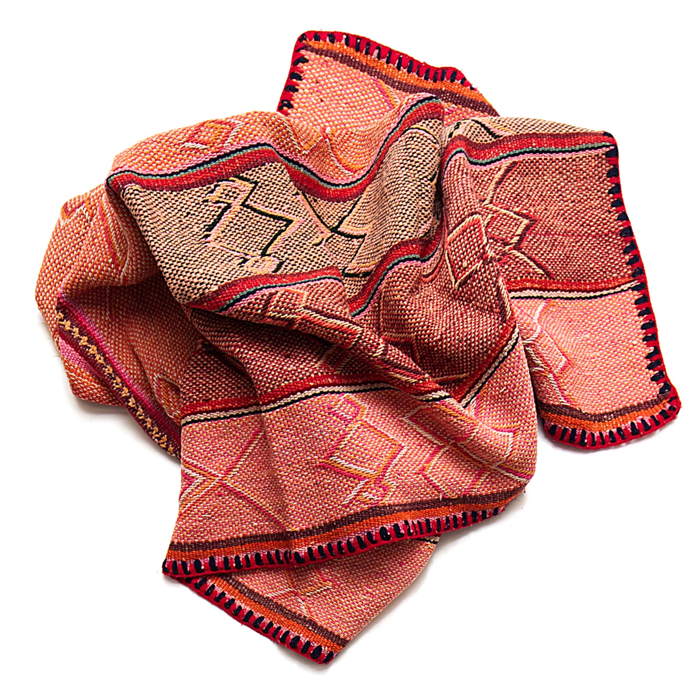 Intiearth vintage Peruvian Frazada textile with colorful geometric patterns and stripes. Traditional handwoven multipurpose textile from Peru, ideal for home décor, can be used as a blanket, rug, throw, or wall hanging. Made of handspun wool and crafted on a backstrap loom.