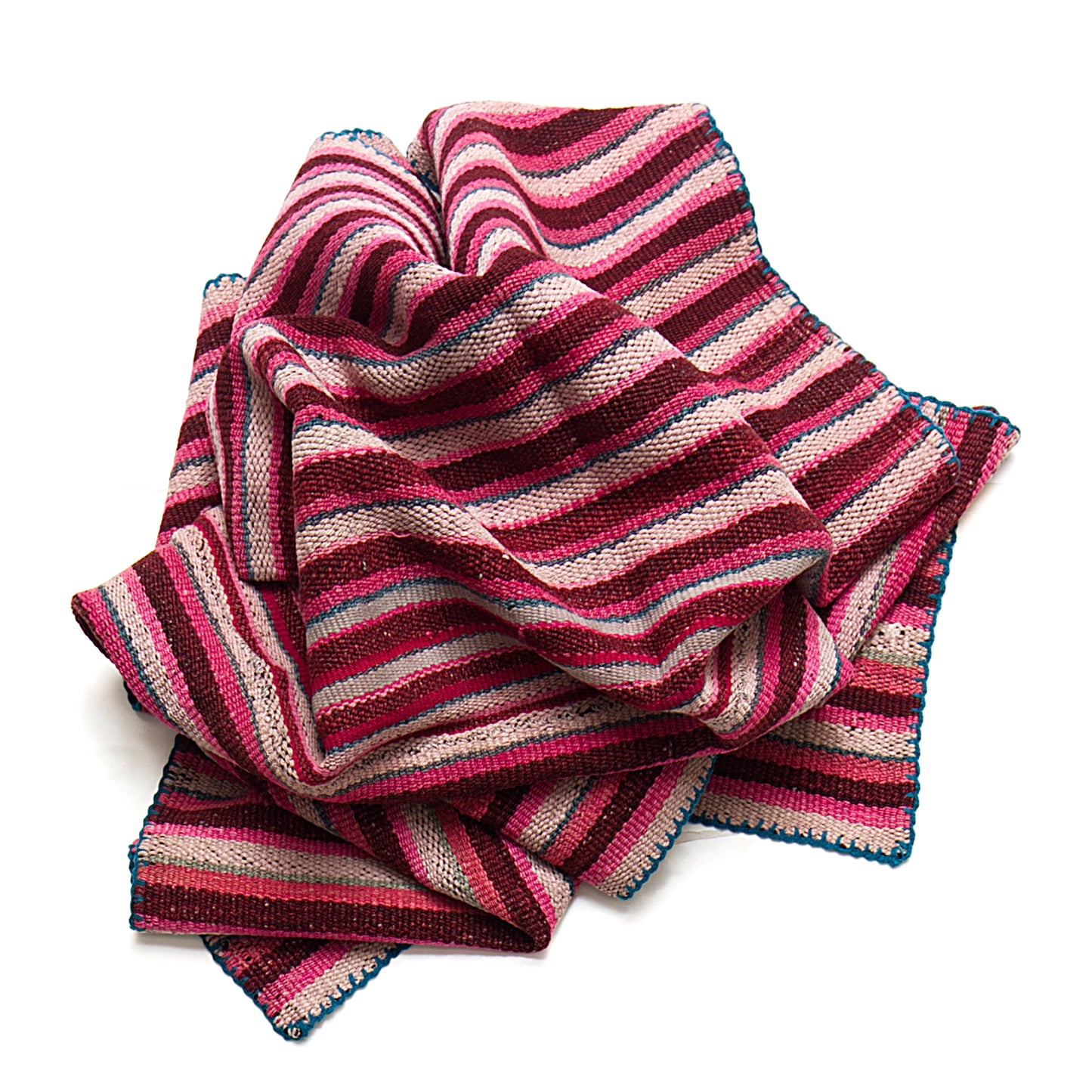 Intiearth vintage Peruvian Frazada textile with colorful geometric patterns and stripes. Traditional handwoven multipurpose textile from Peru, ideal for home décor, can be used as a blanket, rug, throw, or wall hanging. Made of handspun wool and crafted on a backstrap loom.
