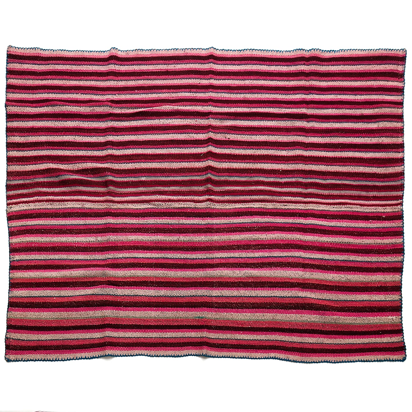 Intiearth vintage Peruvian Frazada textile with colorful geometric patterns and stripes. Traditional handwoven multipurpose textile from Peru, ideal for home décor, can be used as a blanket, rug, throw, or wall hanging. Made of handspun wool and crafted on a backstrap loom.