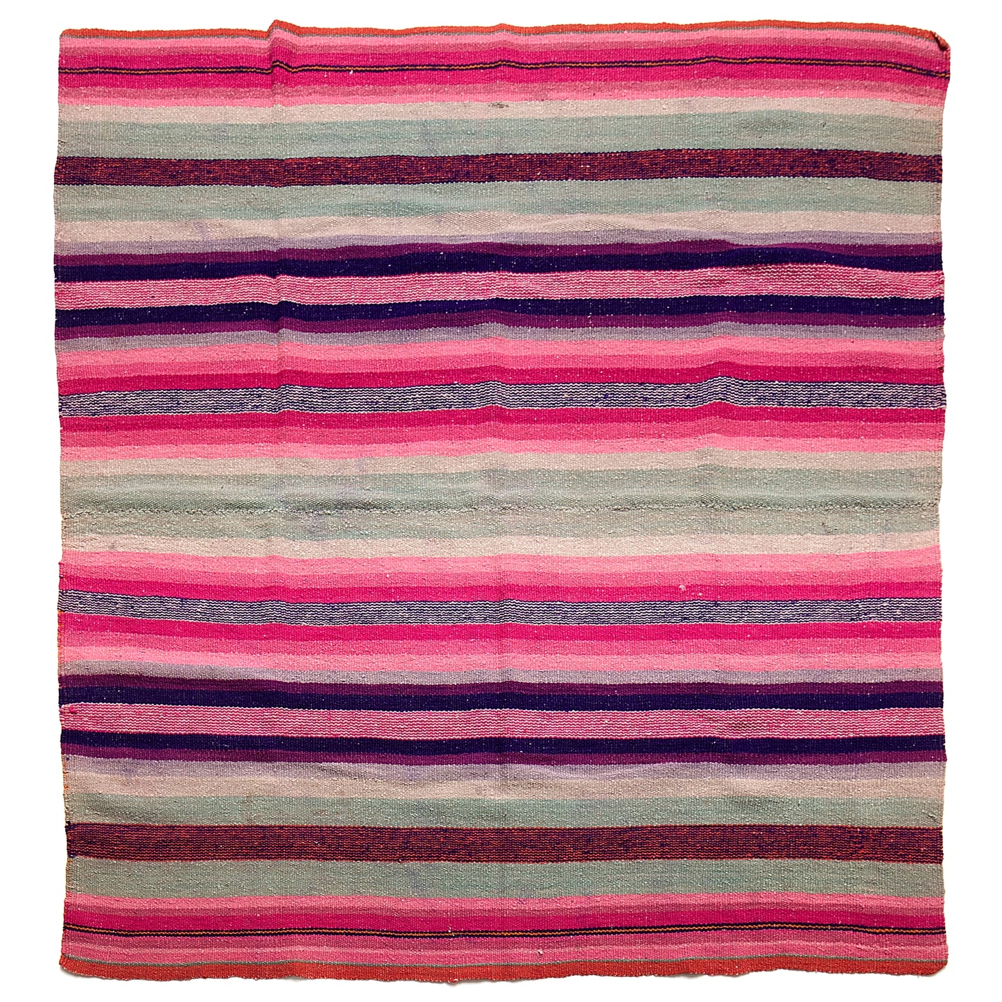 Intiearth vintage Peruvian Frazada textile with colorful geometric patterns and stripes. Traditional handwoven multipurpose textile from Peru, ideal for home décor, can be used as a blanket, rug, throw, or wall hanging. Made of handspun wool and crafted on a backstrap loom.
