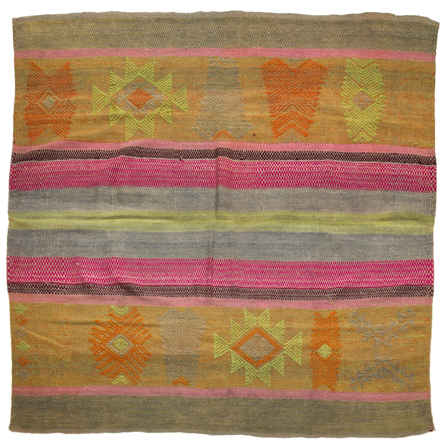 Intiearth vintage Peruvian Frazada textile with colorful geometric patterns and stripes. Traditional handwoven multipurpose textile from Peru, ideal for home décor, can be used as a blanket, rug, throw, or wall hanging. Made of handspun wool and crafted on a backstrap loom.