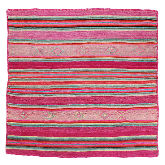 Intiearth vintage Peruvian Frazada textile with colorful geometric patterns and stripes. Traditional handwoven multipurpose textile from Peru, ideal for home décor, can be used as a blanket, rug, throw, or wall hanging. Made of handspun wool and crafted on a backstrap loom.