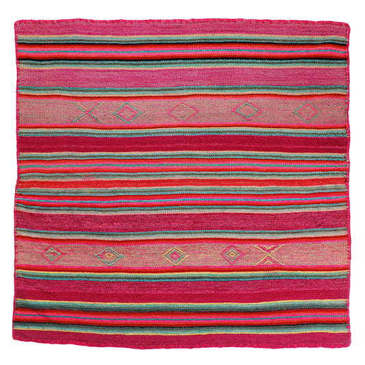 Intiearth vintage Peruvian Frazada textile with colorful geometric patterns and stripes. Traditional handwoven multipurpose textile from Peru, ideal for home décor, can be used as a blanket, rug, throw, or wall hanging. Made of handspun wool and crafted on a backstrap loom.