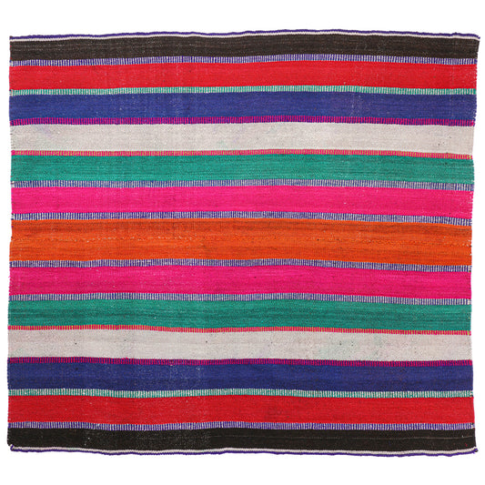 Intiearth vintage Peruvian Frazada textile with colorful geometric patterns and stripes. Traditional handwoven multipurpose textile from Peru, ideal for home décor, can be used as a blanket, rug, throw, or wall hanging. Made of handspun wool and crafted on a backstrap loom.