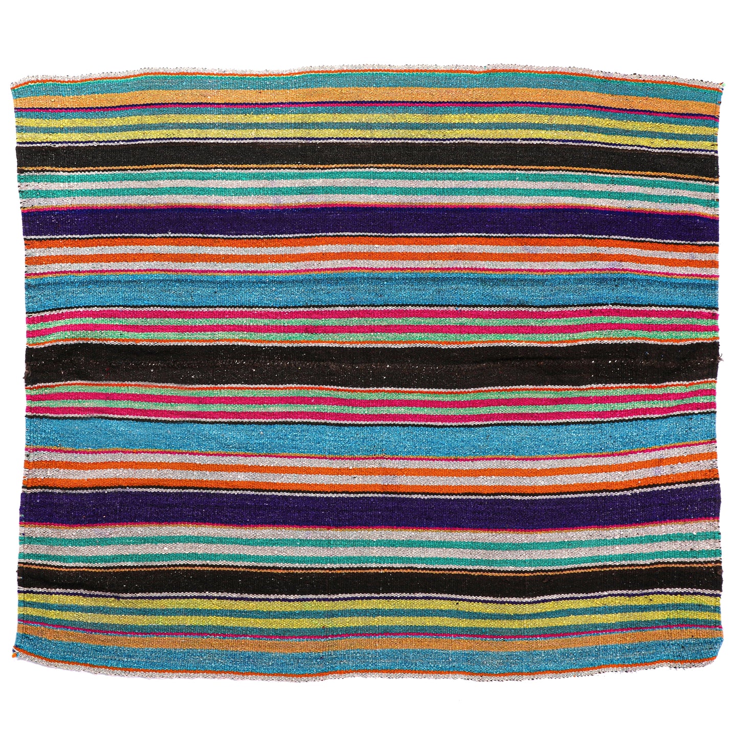 Intiearth vintage Peruvian Frazada textile with colorful geometric patterns and stripes. Traditional handwoven multipurpose textile from Peru, ideal for home décor, can be used as a blanket, rug, throw, or wall hanging. Made of handspun wool and crafted on a backstrap loom.