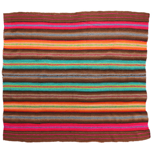 Intiearth vintage Peruvian Frazada textile with colorful geometric patterns and stripes. Traditional handwoven multipurpose textile from Peru, ideal for home décor, can be used as a blanket, rug, throw, or wall hanging. Made of handspun wool and crafted on a backstrap loom.