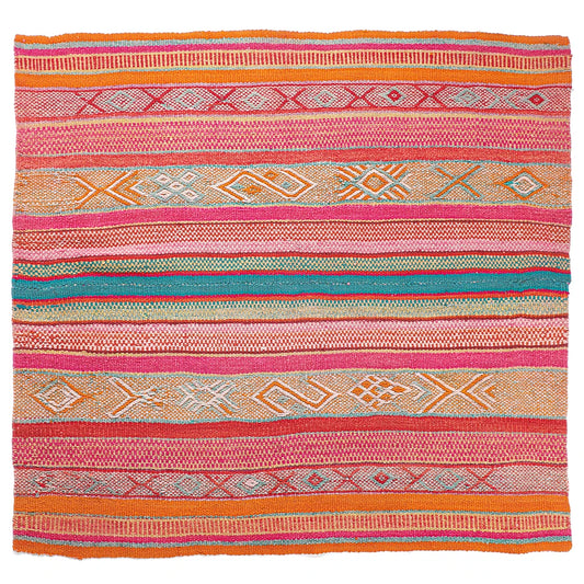 Intiearth vintage Peruvian Frazada textile with colorful geometric patterns and stripes. Traditional handwoven multipurpose textile from Peru, ideal for home décor, can be used as a blanket, rug, throw, or wall hanging. Made of handspun wool and crafted on a backstrap loom.