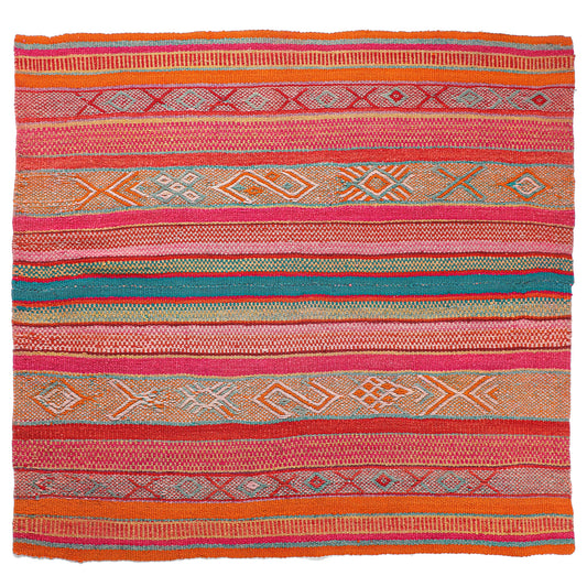 Intiearth vintage Peruvian Frazada textile with colorful geometric patterns and stripes. Traditional handwoven multipurpose textile from Peru, ideal for home décor, can be used as a blanket, rug, throw, or wall hanging. Made of handspun wool and crafted on a backstrap loom.