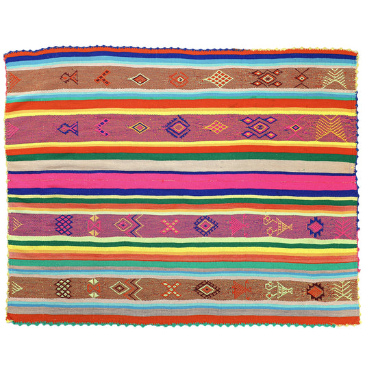 Intiearth vintage Peruvian Frazada textile with colorful geometric patterns and stripes. Traditional handwoven multipurpose textile from Peru, ideal for home décor, can be used as a blanket, rug, throw, or wall hanging. Made of handspun wool and crafted on a backstrap loom.