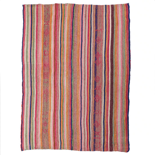 Intiearth vintage Peruvian Frazada textile with colorful geometric patterns and stripes. Traditional handwoven multipurpose textile from Peru, ideal for home décor, can be used as a blanket, rug, throw, or wall hanging. Made of handspun wool and crafted on a backstrap loom.
