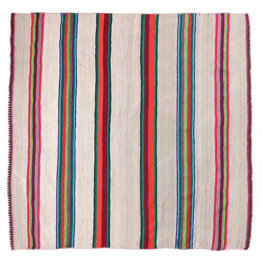Intiearth vintage Peruvian Frazada textile with colorful geometric patterns and stripes. Traditional handwoven multipurpose textile from Peru, ideal for home décor, can be used as a blanket, rug, throw, or wall hanging. Made of handspun wool and crafted on a backstrap loom.