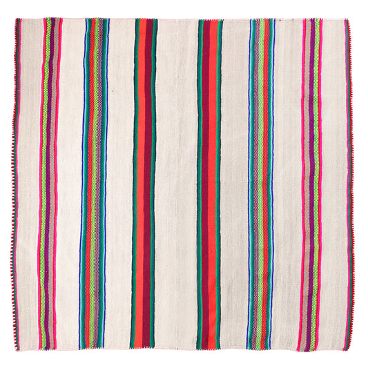 Intiearth vintage Peruvian Frazada textile with colorful geometric patterns and stripes. Traditional handwoven multipurpose textile from Peru, ideal for home décor, can be used as a blanket, rug, throw, or wall hanging. Made of handspun wool and crafted on a backstrap loom.