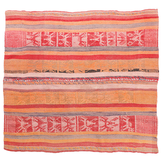 Intiearth vintage Peruvian Frazada textile with colorful geometric patterns and stripes. Traditional handwoven multipurpose textile from Peru, ideal for home décor, can be used as a blanket, rug, throw, or wall hanging. Made of handspun wool and crafted on a backstrap loom.