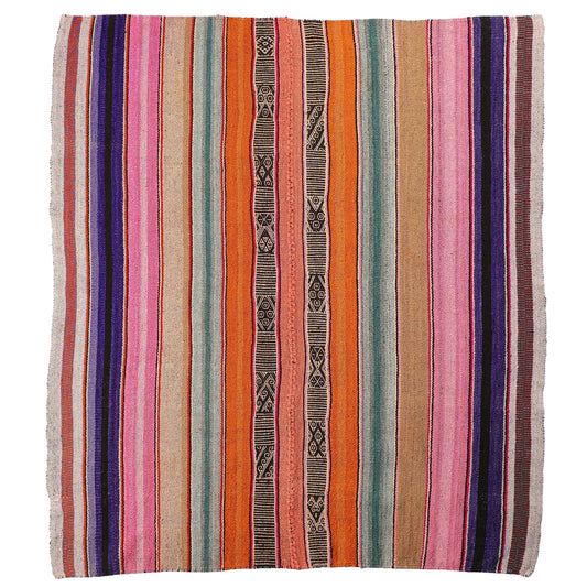 Intiearth vintage Peruvian Frazada textile with colorful geometric patterns and stripes. Traditional handwoven multipurpose textile from Peru, ideal for home décor, can be used as a blanket, rug, throw, or wall hanging. Made of handspun wool and crafted on a backstrap loom.
