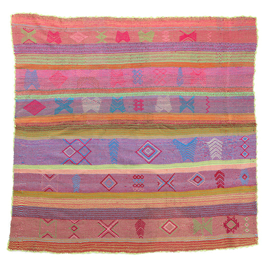 Intiearth vintage Peruvian Frazada textile with colorful geometric patterns and stripes. Traditional handwoven multipurpose textile from Peru, ideal for home décor, can be used as a blanket, rug, throw, or wall hanging. Made of handspun wool and crafted on a backstrap loom.
