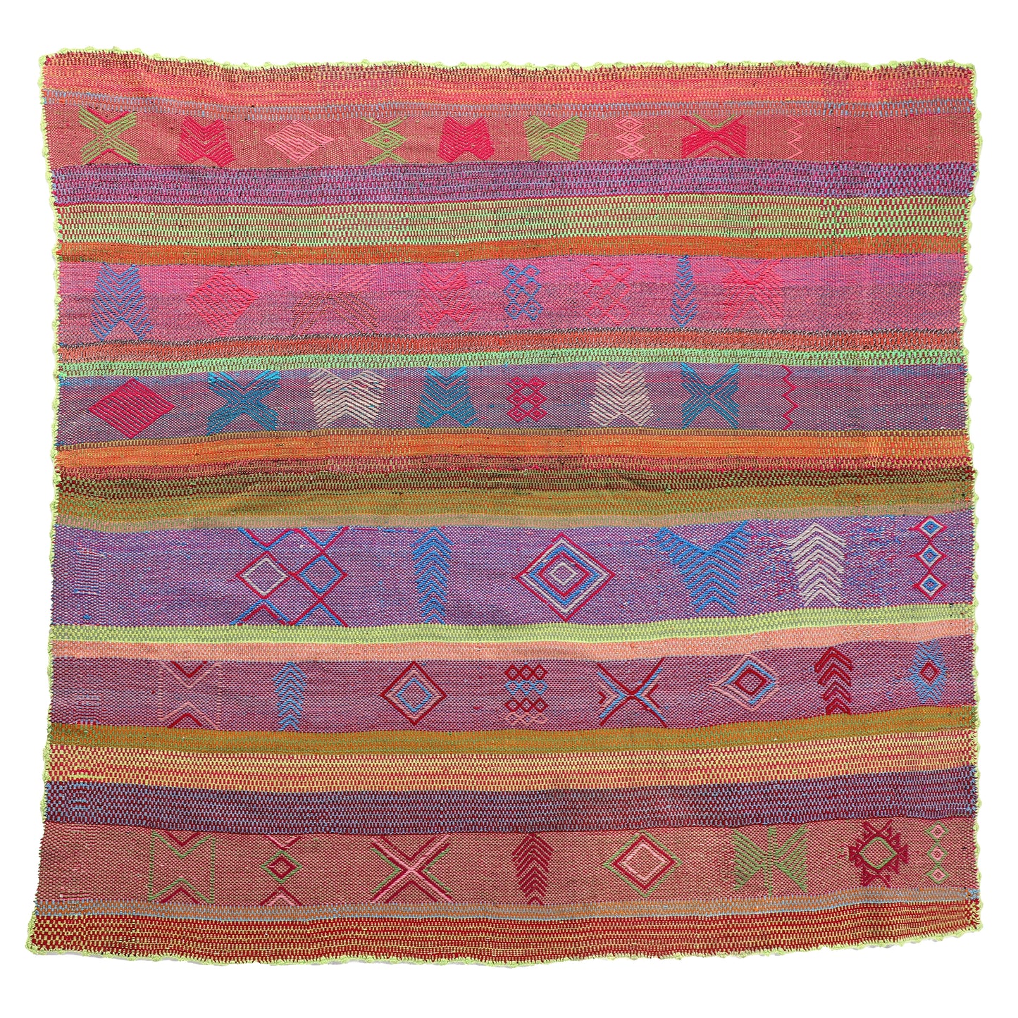 Intiearth vintage Peruvian Frazada textile with colorful geometric patterns and stripes. Traditional handwoven multipurpose textile from Peru, ideal for home décor, can be used as a blanket, rug, throw, or wall hanging. Made of handspun wool and crafted on a backstrap loom.