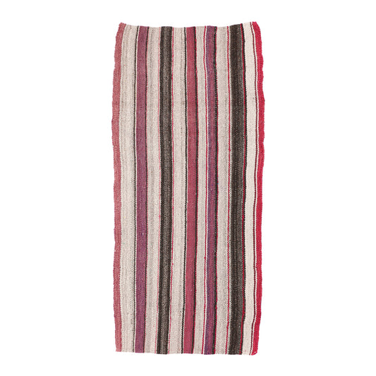 Intiearth vintage Peruvian Frazada textile with colorful geometric patterns and stripes. Traditional handwoven multipurpose textile from Peru, ideal for home décor, can be used as a blanket, rug, throw, or wall hanging. Made of handspun wool and crafted on a backstrap loom.