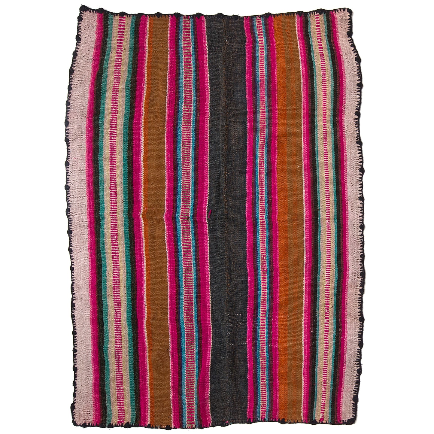 Vintage Peruvian Frazada textile with colorful geometric patterns and stripes. Traditional handwoven multipurpose textile from Peru, ideal for home décor, blankets, or throws, or rug.