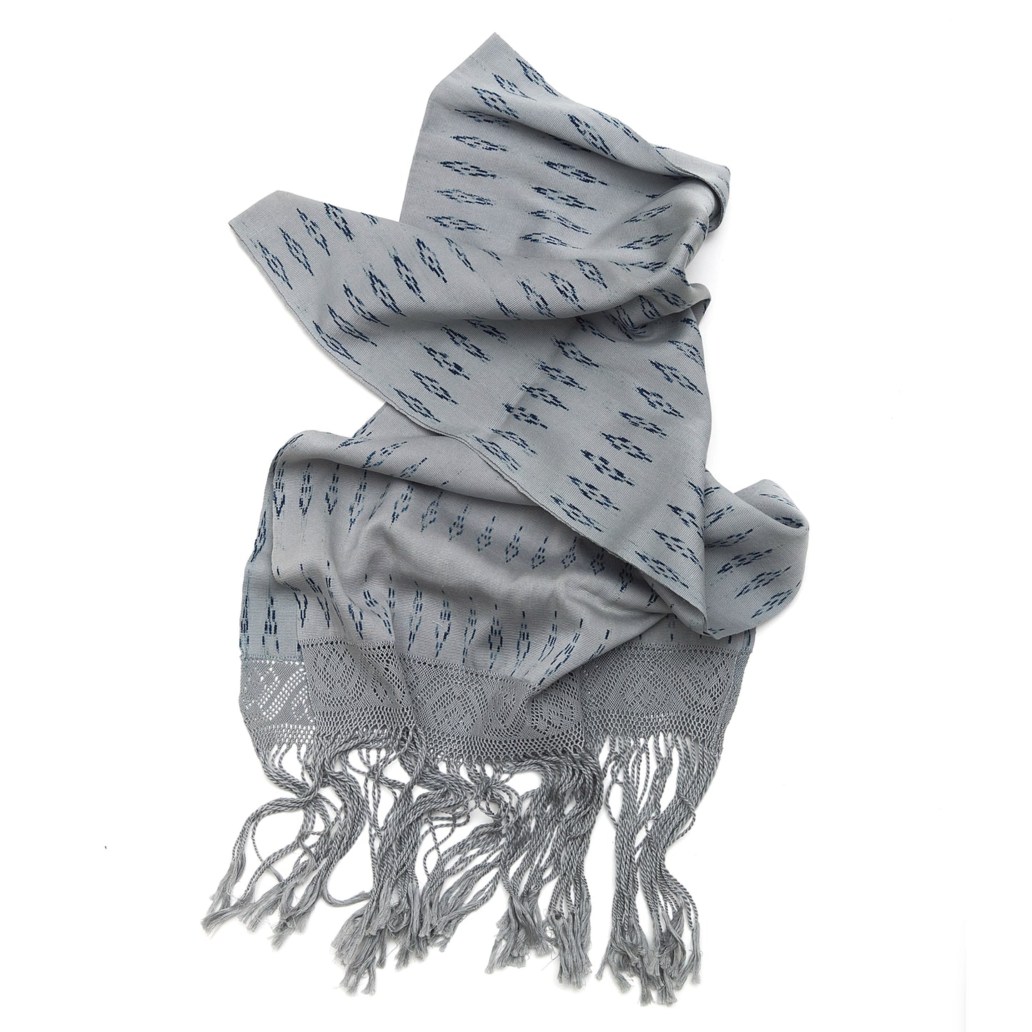 Traditional handwoven ikat textile from Northern Peru made of 100% cotton, featuring intricate macramé border – artisan-crafted and one-of-a-kind.