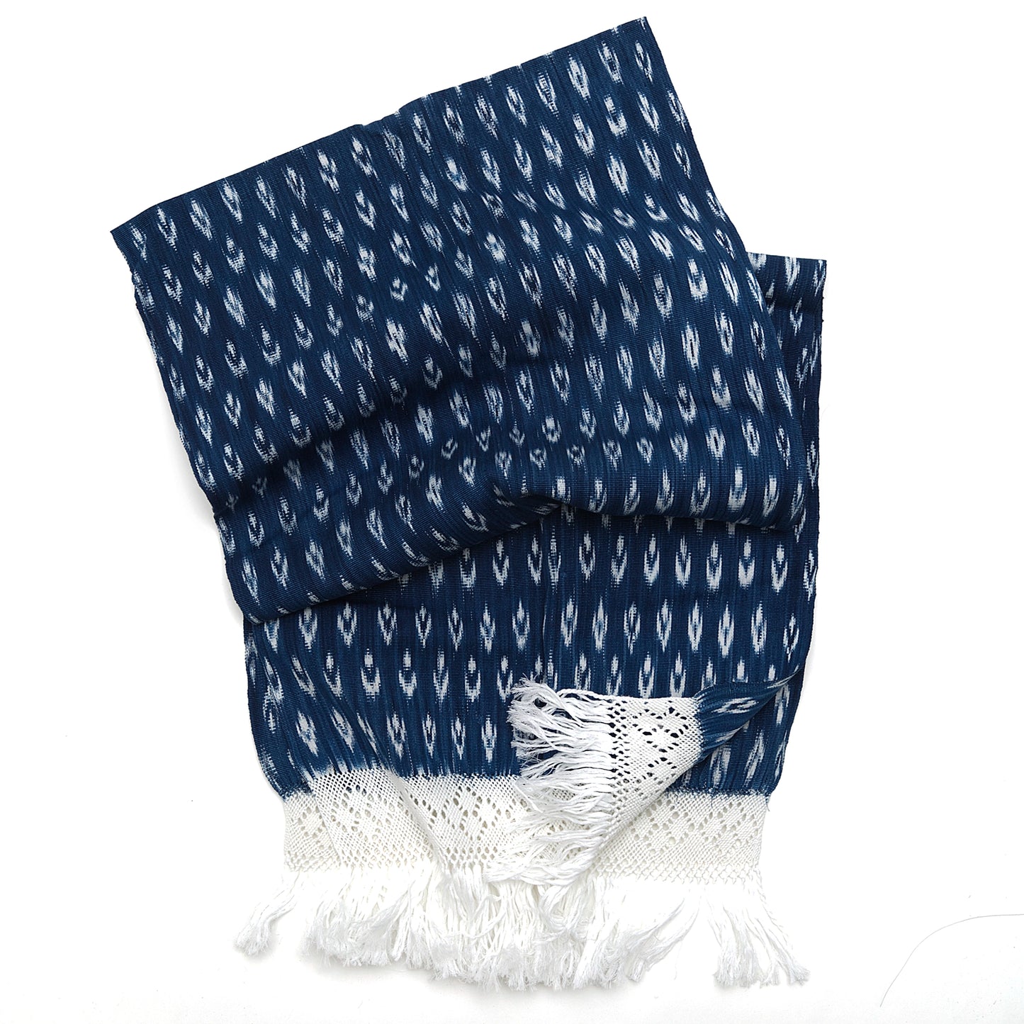 Traditional handwoven ikat textile from Northern Peru made of 100% cotton, featuring intricate macramé border – artisan-crafted and one-of-a-kind.
