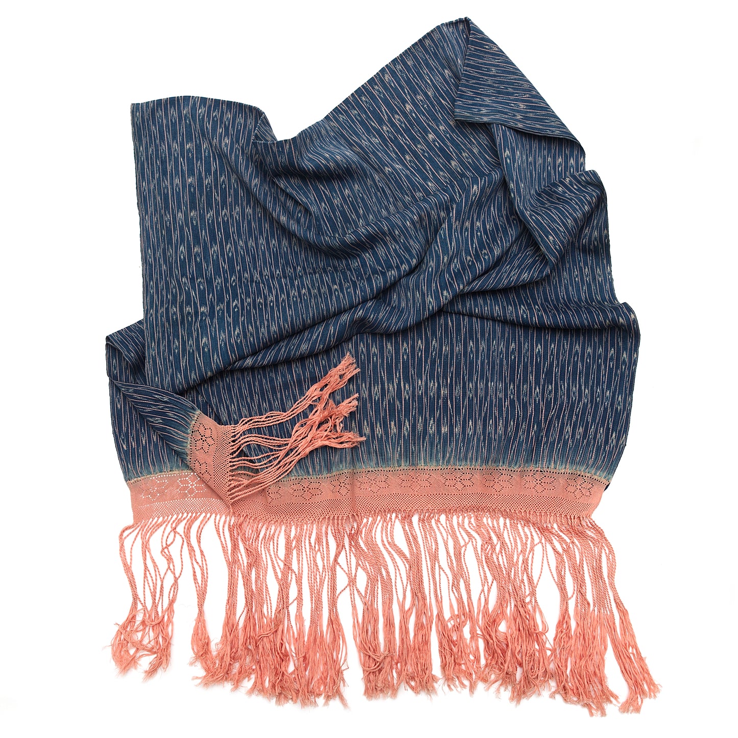 Traditional handwoven ikat textile from Northern Peru made of 100% cotton, featuring intricate macramé border – artisan-crafted and one-of-a-kind.