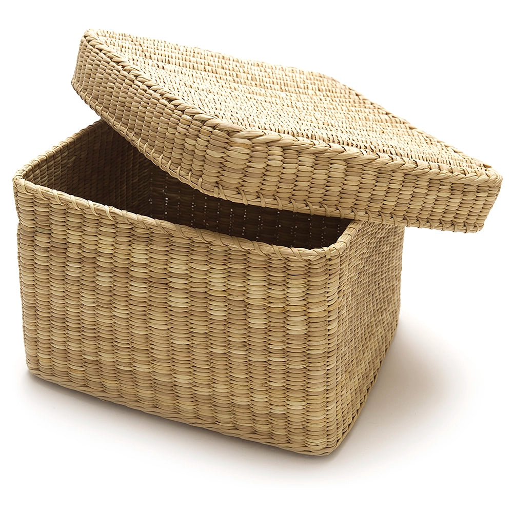 Intiearth Reed Box square storage basket with a lid on a white background