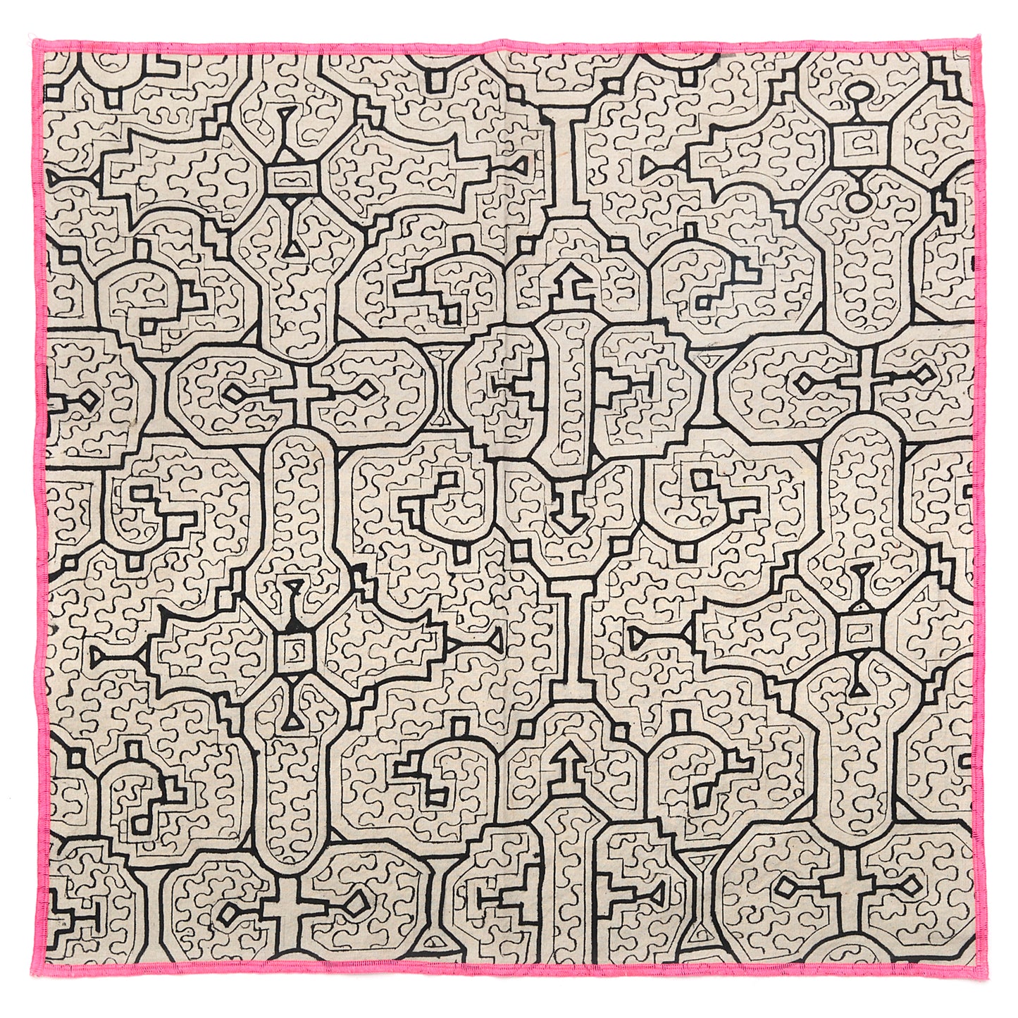 Handcrafted Shipibo bandana made from traditional fabric, featuring intricate geometric kené designs painted with natural pigments. Each piece is one-of-a-kind, reflecting the spiritual intention and energy of the artist. The vibrant patterns represent sacred Ikaros healing songs, offering protection, connection, and transformation, deeply rooted in Shipibo-Conibo culture and tradition