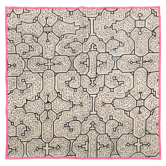 Handcrafted Shipibo bandana made from traditional fabric, featuring intricate geometric kené designs painted with natural pigments. Each piece is one-of-a-kind, reflecting the spiritual intention and energy of the artist. The vibrant patterns represent sacred Ikaros healing songs, offering protection, connection, and transformation, deeply rooted in Shipibo-Conibo culture and tradition