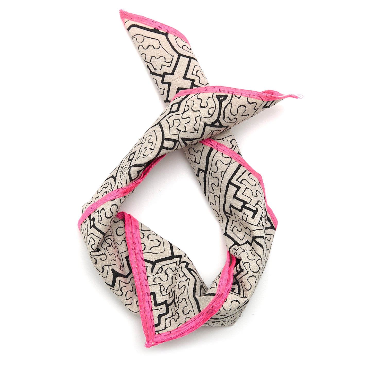Handcrafted Shipibo bandana made from traditional fabric, featuring intricate geometric kené designs painted with natural pigments. Each piece is one-of-a-kind, reflecting the spiritual intention and energy of the artist. The vibrant patterns represent sacred Ikaros healing songs, offering protection, connection, and transformation, deeply rooted in Shipibo-Conibo culture and tradition