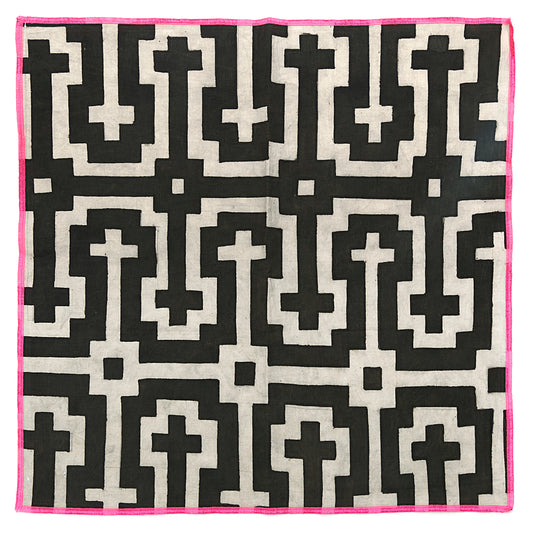 Handcrafted Shipibo bandana made from traditional fabric, featuring intricate geometric kené designs painted with natural pigments. Each piece is one-of-a-kind, reflecting the spiritual intention and energy of the artist. The vibrant patterns represent sacred Ikaros healing songs, offering protection, connection, and transformation, deeply rooted in Shipibo-Conibo culture and tradition