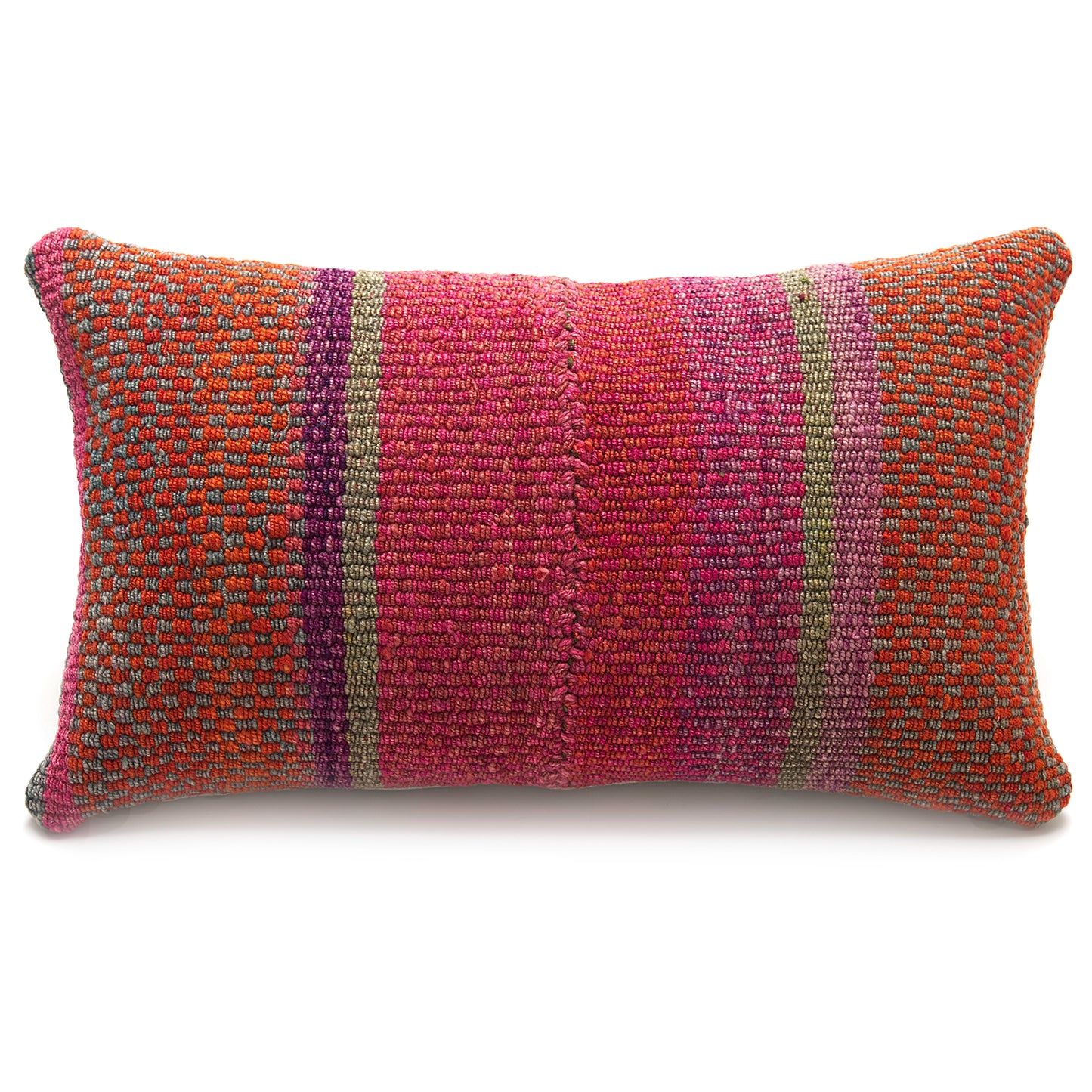 Intiearth Colorful decorative lumbar pillow made from handwoven Peruvian frazada, crafted with hand spun wool in a fair trade workshop