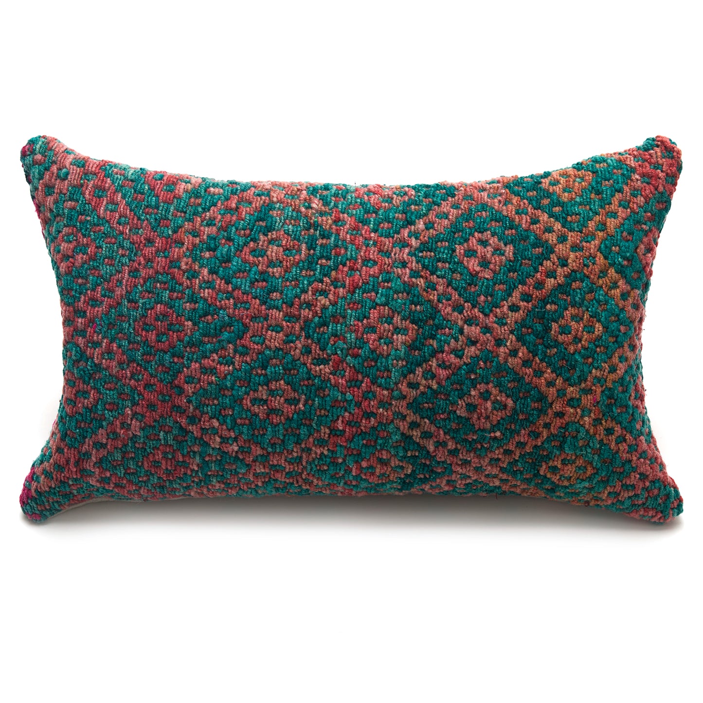 Intiearth Colorful decorative lumbar pillow made from handwoven Peruvian frazada, crafted with hand spun wool in a fair trade workshop