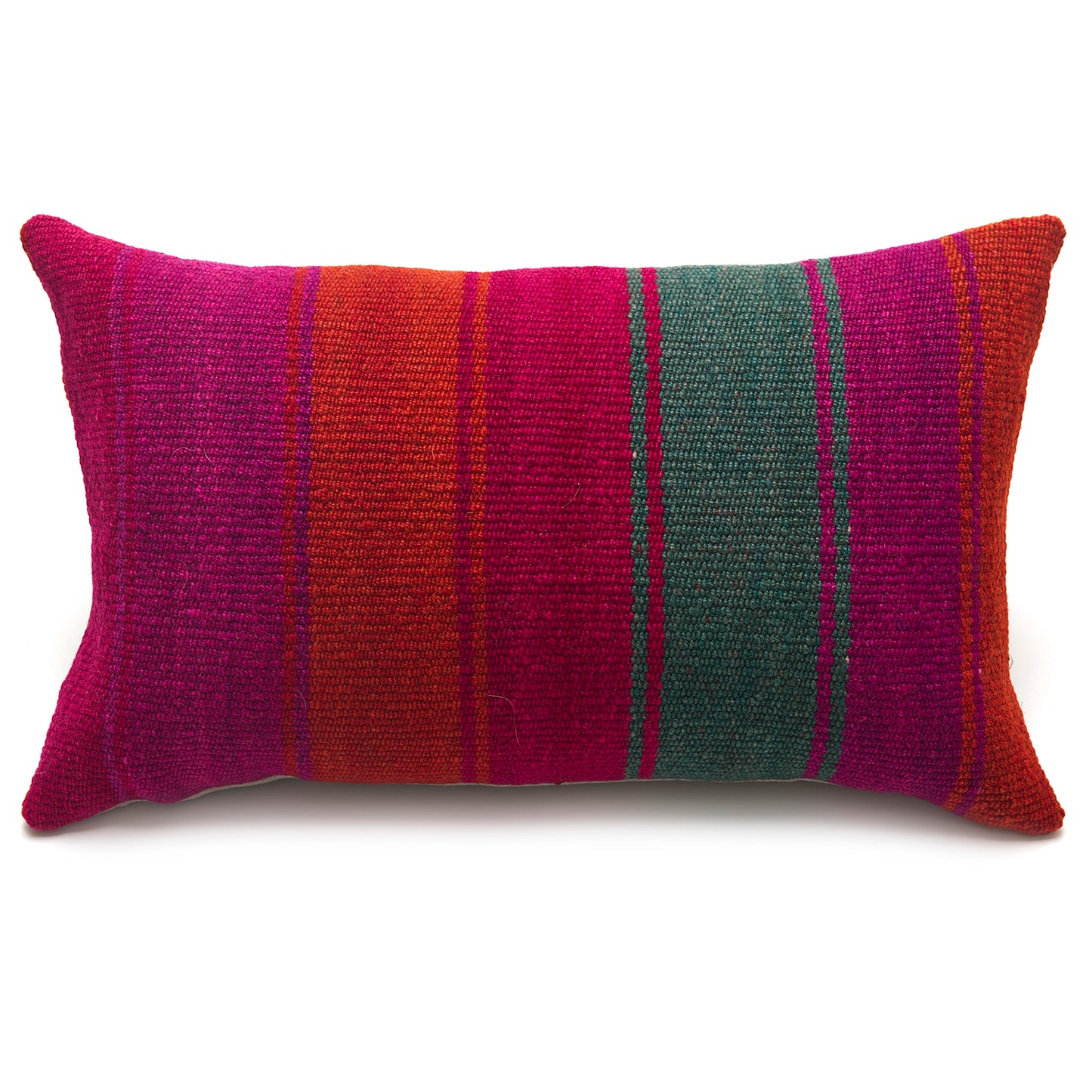Intiearth Colorful decorative pillow made from handwoven Peruvian frazada, crafted with hand spun wool in a fair trade workshop