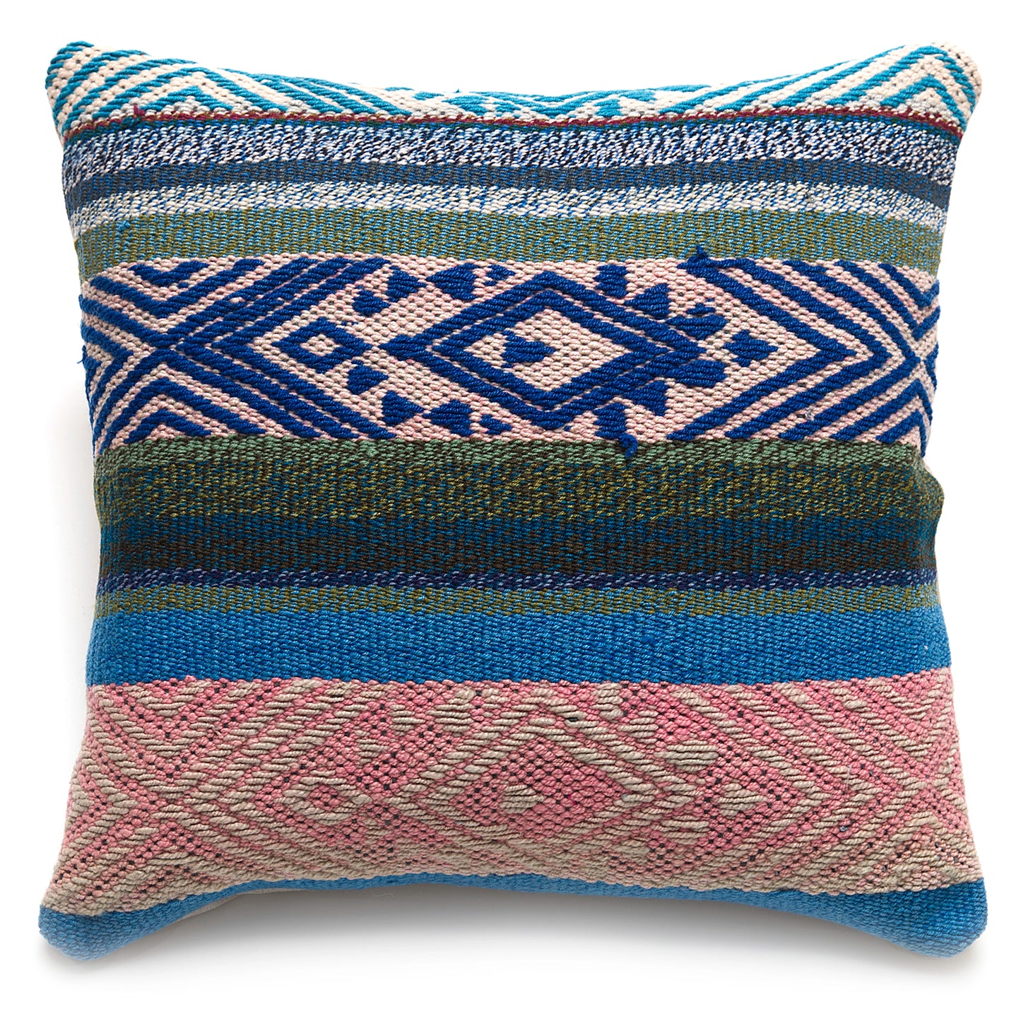 Intiearth Colorful decorative pillow made from handwoven Peruvian frazada, crafted with hand spun wool in a fair trade workshop