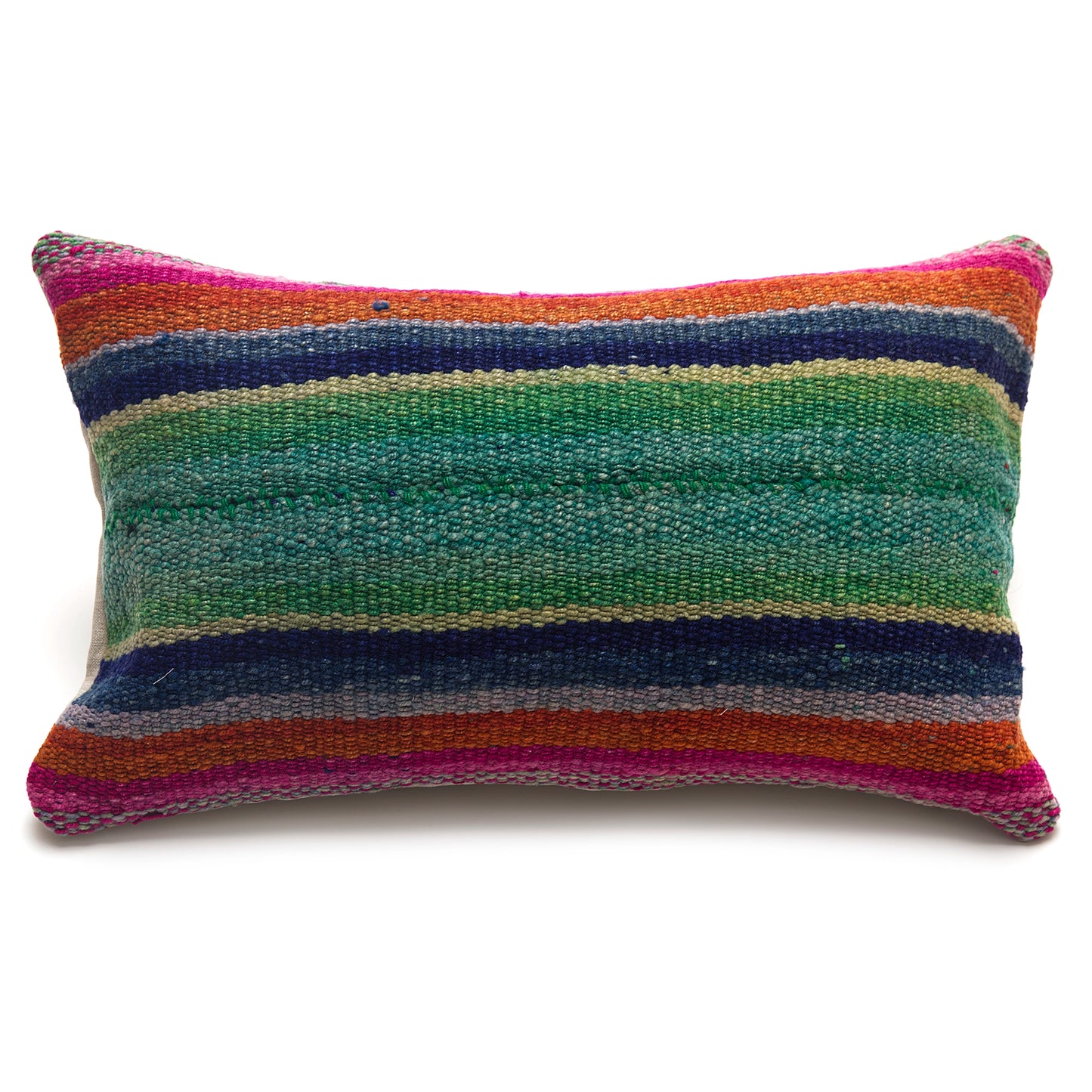 Intiearth Colorful decorative lumbar pillow made from handwoven Peruvian frazada, crafted with hand spun wool in a fair trade workshop