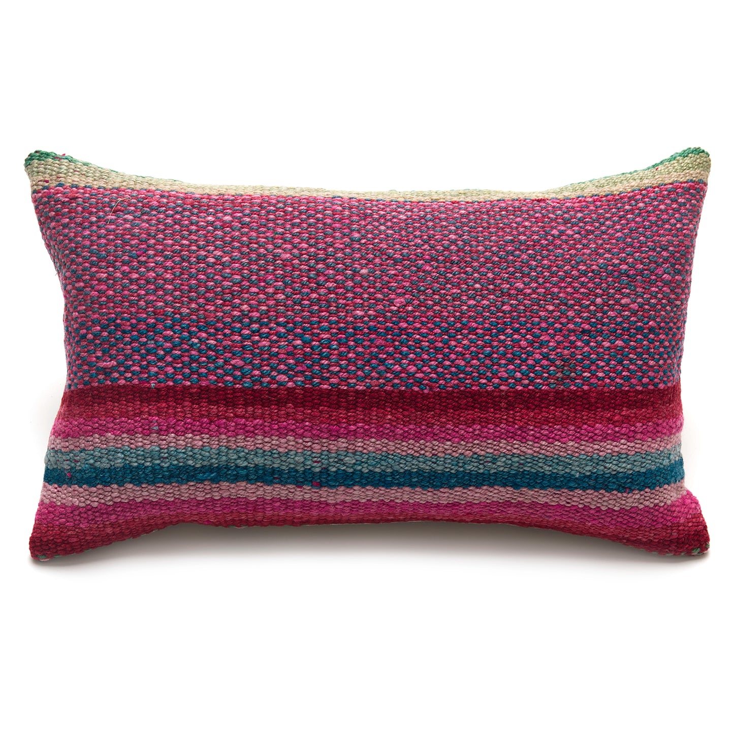 Intiearth Colorful decorative lumbar pillow made from handwoven Peruvian frazada, crafted with hand spun wool in a fair trade workshop
