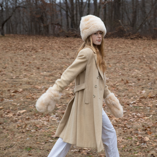 Intiearth baby alpaca fur mittens and Gigi fur hat winter accessories girl walking