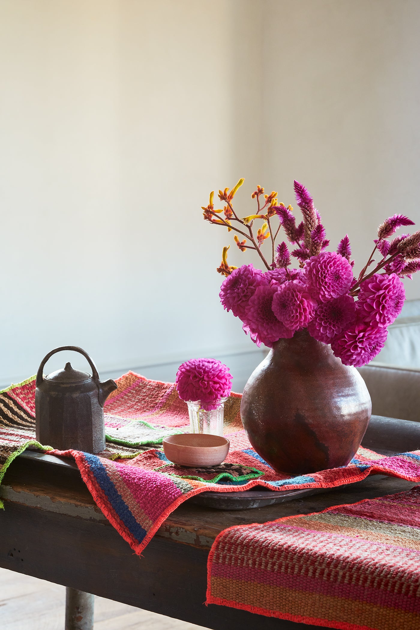 Intiearth vintage frazada upcycled textile, eco friendly coasters, colorful home table setting