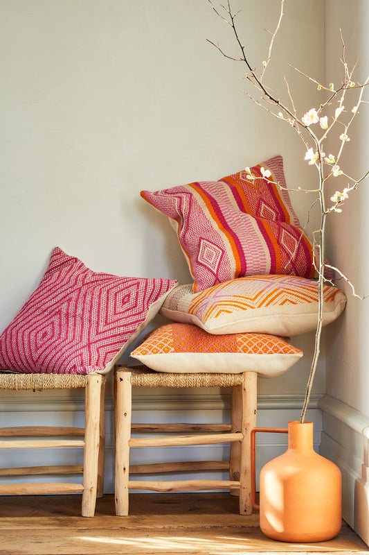 sacred valley throw pillow handloom woven wool frazada pillow peruvian magenta orange vibrant color pop spring living