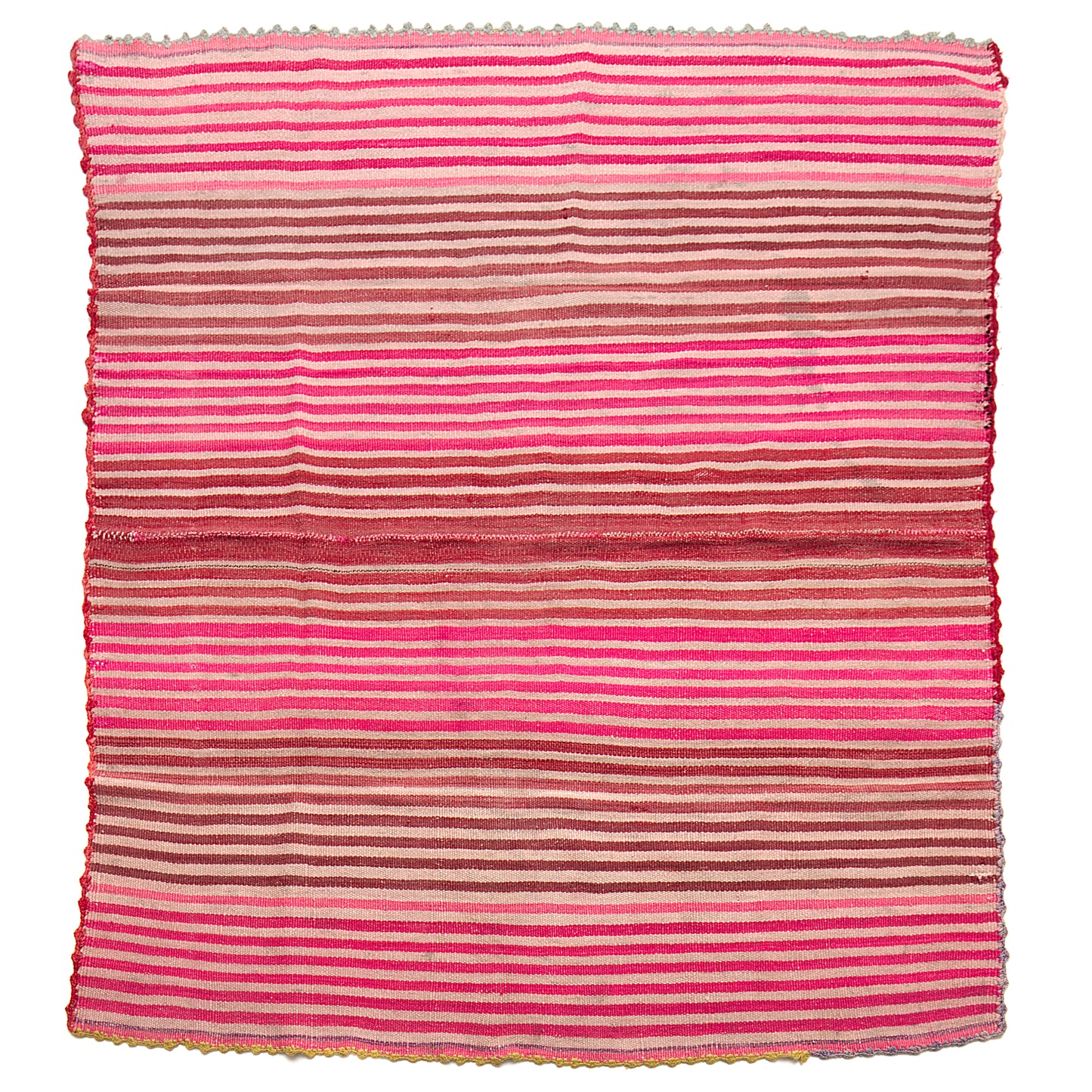 Intiearth vintage Peruvian Frazada textile with colorful geometric patterns and stripes. Traditional handwoven multipurpose textile from Peru, ideal for home décor, can be used as a blanket, rug, throw, or wall hanging. Made of handspun wool and crafted on a backstrap loom.