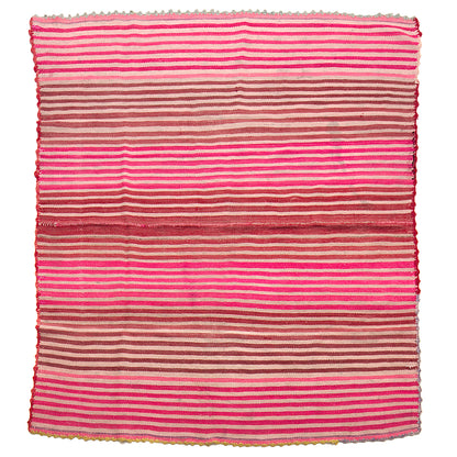 Intiearth vintage Peruvian Frazada textile with colorful geometric patterns and stripes. Traditional handwoven multipurpose textile from Peru, ideal for home décor, can be used as a blanket, rug, throw, or wall hanging. Made of handspun wool and crafted on a backstrap loom.