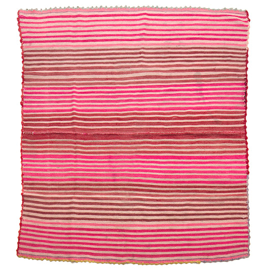 Intiearth vintage Peruvian Frazada textile with colorful geometric patterns and stripes. Traditional handwoven multipurpose textile from Peru, ideal for home décor, can be used as a blanket, rug, throw, or wall hanging. Made of handspun wool and crafted on a backstrap loom.